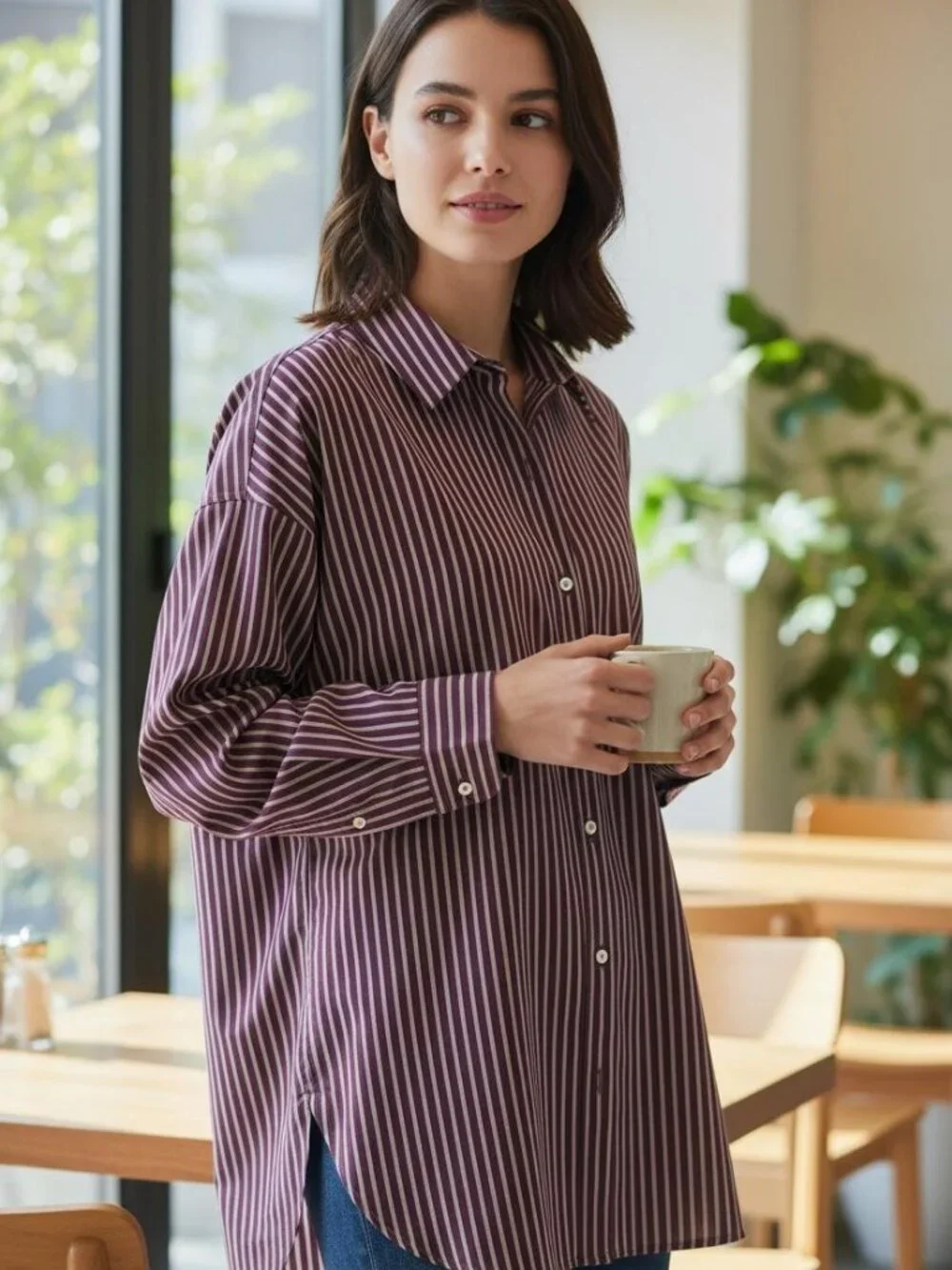 Zara Oversized Striped Poplin Button Down Shirt Burgundy White Size XL NWOT - Picture 3 of 6